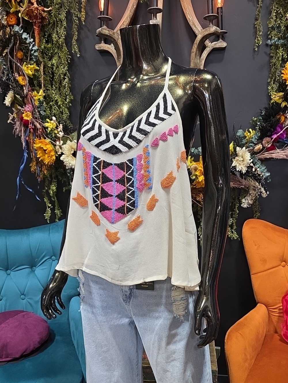 Rare! Forever 21 White Embroidered Boho Halter Cami with Beaded Design
